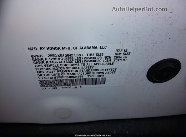 5FNYF6H08JB024154 2018 HONDA PILOT White Вид підкапотного простору