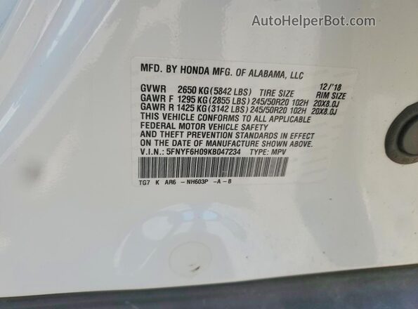 5FNYF6H09KB047234 2019 HONDA PILOT White Вид наклейки з VIN-кодом