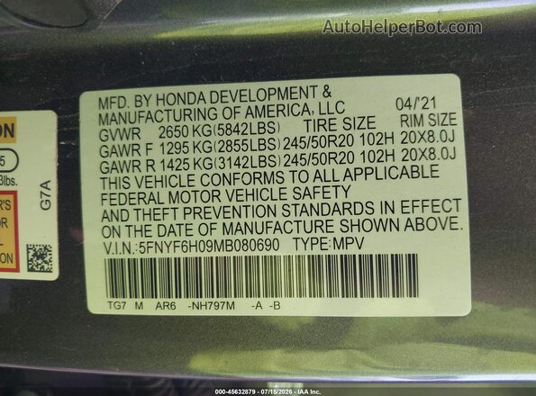 5FNYF6H09MB080690 2021 HONDA PILOT Gray Widok komory silnika