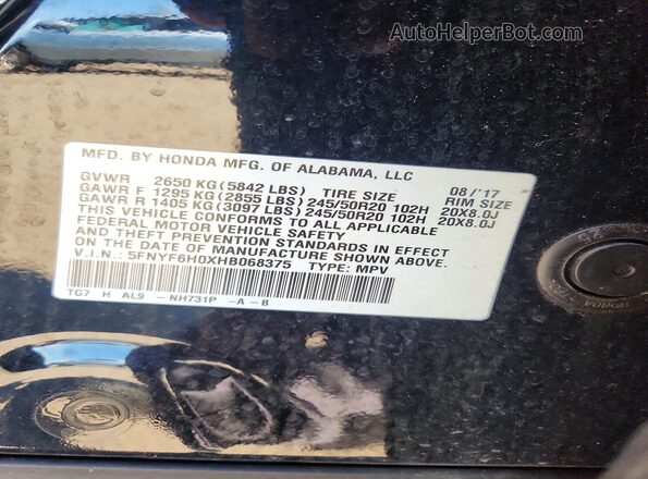 5FNYF6H0XHB068375 2017 HONDA PILOT Black VIN sticker view