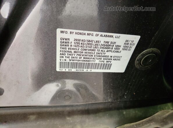 5FNYF6H10KB007777 2019 HONDA PILOT Gray Widok naklejki z numerem VIN