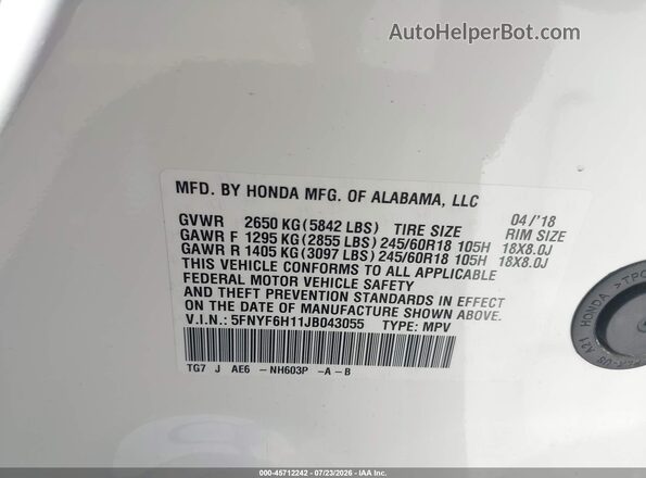 5FNYF6H11JB043055 2018 HONDA PILOT White Вид підкапотного простору