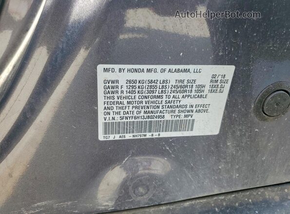 5FNYF6H13JB024958 2018 HONDA PILOT Gray Widok naklejki z numerem VIN