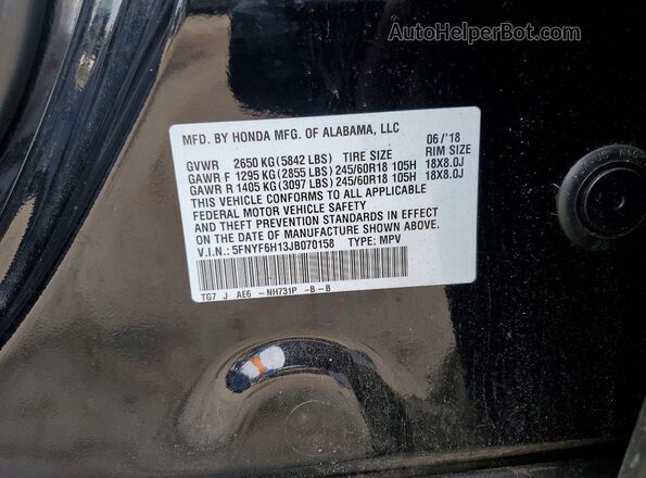 5FNYF6H13JB070158 2018 HONDA PILOT Black Вид наклейки з VIN-кодом