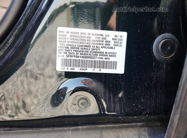 5FNYF6H14GB093327 2016 HONDA PILOT Черный Вид наклейки с VIN-кодом