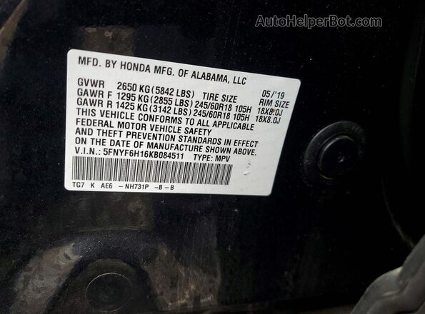 5FNYF6H16KB084511 2019 HONDA PILOT Black VIN კოდის სტიკერის ხედი