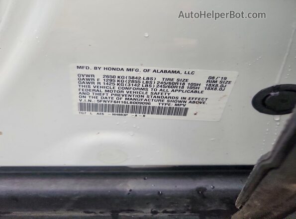 5FNYF6H16LB009096 2020 HONDA PILOT Белый Вид наклейки с VIN-кодом