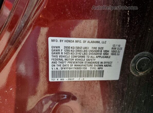 5FNYF6H17KB051159 2019 HONDA PILOT Maroon VIN კოდის სტიკერის ხედი