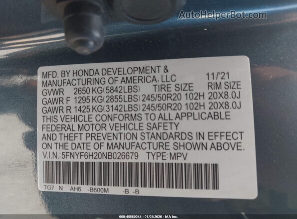 5FNYF6H20NB026679 2022 HONDA PILOT Blue Vista del compartimento del motor