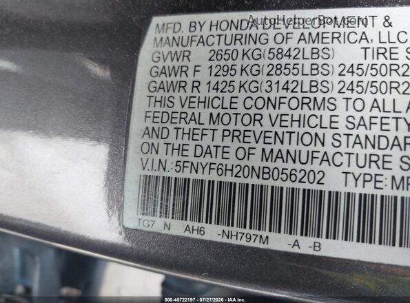 5FNYF6H20NB056202 2022 HONDA PILOT Gray ძრავის განყოფილების ხედი