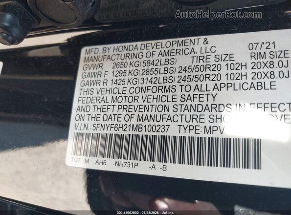 5FNYF6H21MB100237 2021 HONDA PILOT Black Vista del compartimento del motor