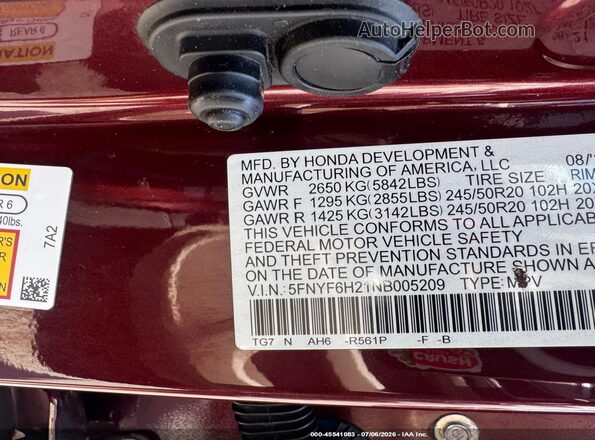 5FNYF6H21NB005209 2022 HONDA PILOT Red Widok komory silnika