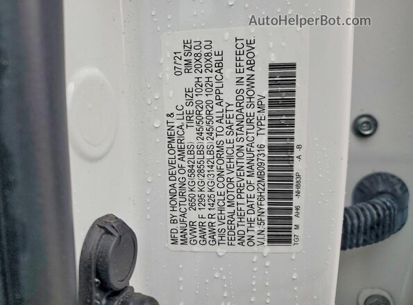 5FNYF6H22MB097316 2021 HONDA PILOT White Вид наклейки з VIN-кодом