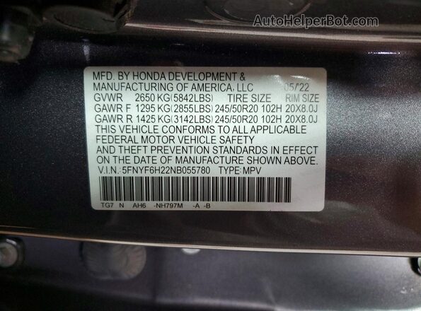 5FNYF6H22NB055780 2022 HONDA PILOT Gray Սալոնի 360 աստիճան տեսք