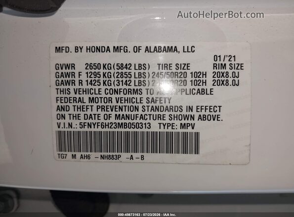 5FNYF6H23MB050313 2021 HONDA PILOT White Engine compartment view