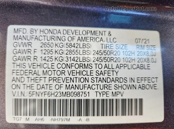 5FNYF6H23MB098751 2021 HONDA PILOT Gray VIN კოდის სტიკერის ხედი