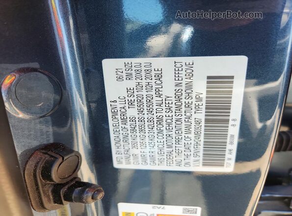 5FNYF6H24MB092487 2021 HONDA PILOT Blue VIN կոդի պիտակի տեսք
