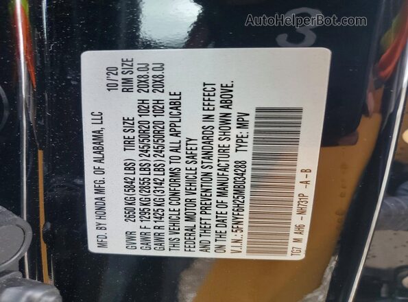 5FNYF6H25MB034288 2021 HONDA PILOT Black Вид наклейки з VIN-кодом