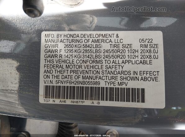 5FNYF6H26NB055989 2022 HONDA PILOT Blue Вид підкапотного простору