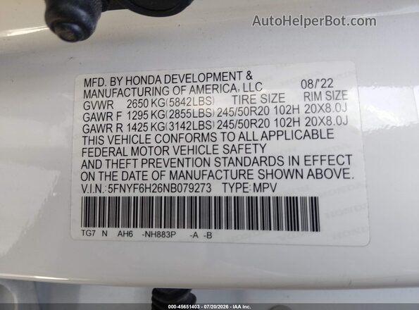 5FNYF6H26NB079273 2022 HONDA PILOT White Շարժիչի բաժամունքի տեսք