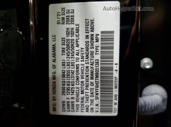 5FNYF6H27MB051383 2021 HONDA PILOT Black Vista de la etiqueta del VIN