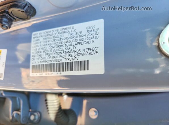 5FNYF6H27NB045200 2022 HONDA PILOT Gray Vista de la etiqueta del VIN
