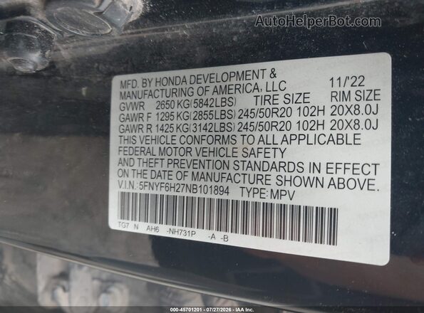 5FNYF6H27NB101894 2022 HONDA PILOT Black Vista del compartimento del motor