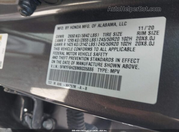 5FNYF6H28MB035886 2021 HONDA PILOT Gray Widok komory silnika
