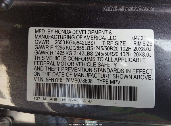 5FNYF6H28MB078608 2021 HONDA PILOT Gray Вид підкапотного простору
