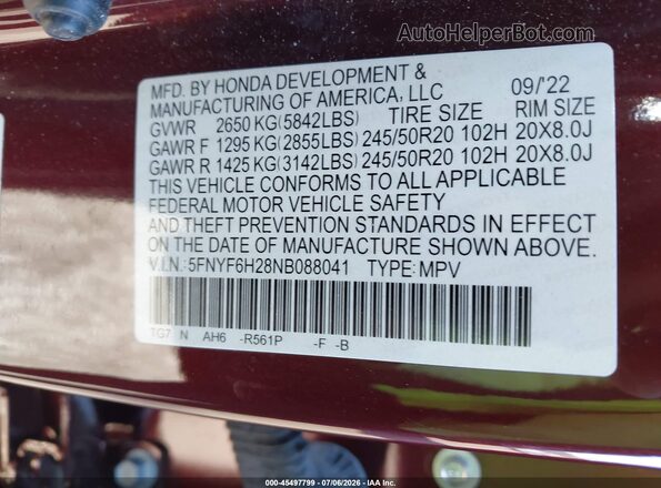 5FNYF6H28NB088041 2022 HONDA PILOT Бордовый Вид подкапотного пространства