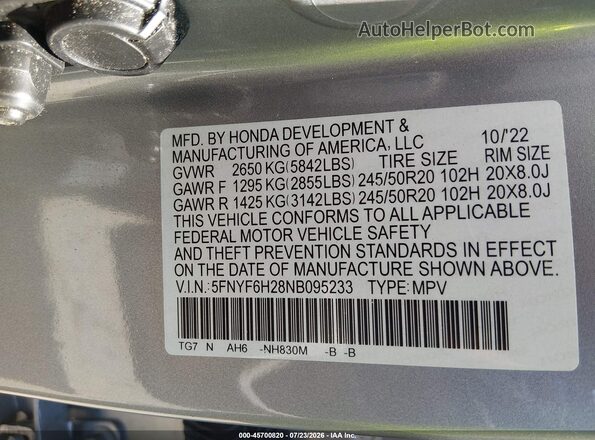 5FNYF6H28NB095233 2022 HONDA PILOT Silver Engine compartment view