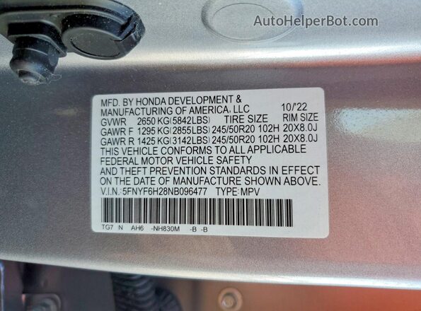 5FNYF6H28NB096477 2022 HONDA PILOT Silver VIN կոդի պիտակի տեսք