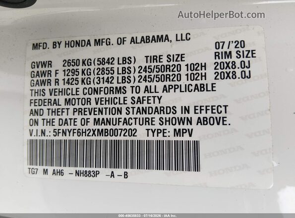 5FNYF6H2XMB007202 2021 HONDA PILOT Белый Вид подкапотного пространства