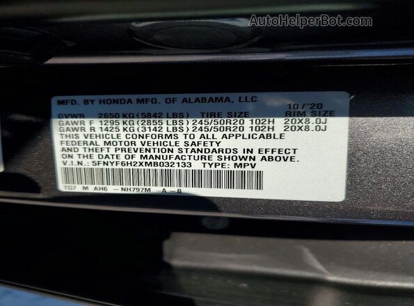 5FNYF6H2XMB032133 2021 HONDA PILOT Gray Вид наклейки з VIN-кодом