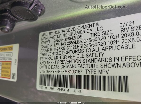 5FNYF6H2XMB103167 2021 HONDA PILOT Silver Շարժիչի բաժամունքի տեսք