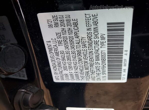 5FNYF6H2XNB005371 2022 HONDA PILOT Black Vista de la etiqueta del VIN
