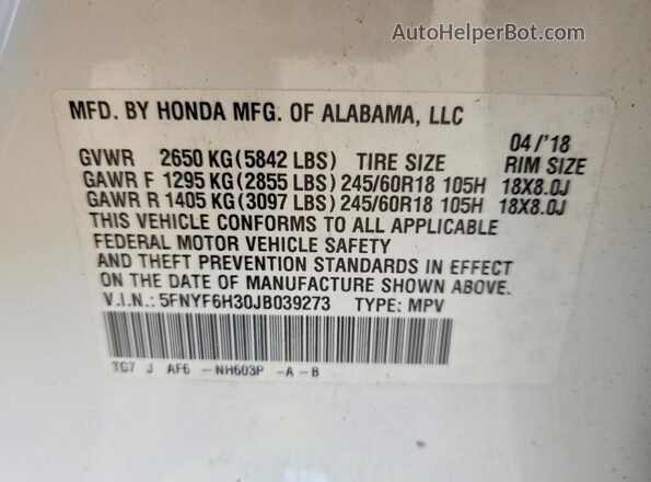 5FNYF6H30JB039273 2018 HONDA PILOT White Vista de la etiqueta del VIN