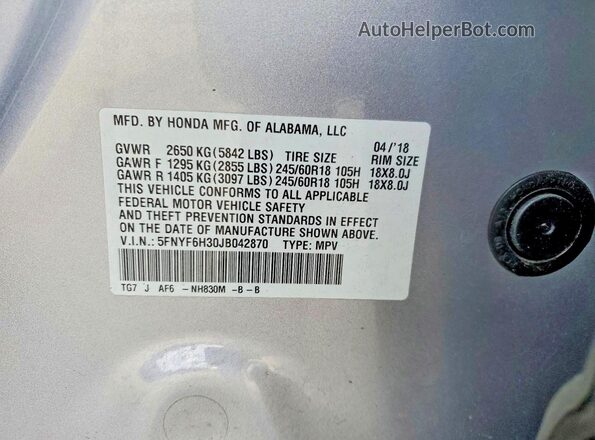 5FNYF6H30JB042870 2018 HONDA PILOT Silver Widok komory silnika