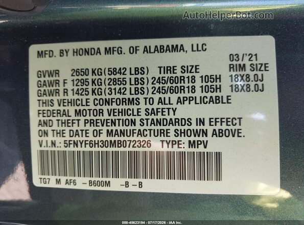5FNYF6H30MB072326 2021 HONDA PILOT Синий Вид подкапотного пространства