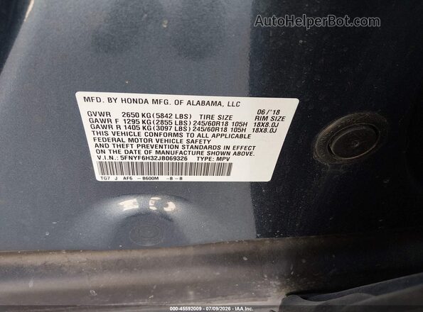 5FNYF6H32JB069326 2018 HONDA PILOT Blue Շարժիչի բաժամունքի տեսք