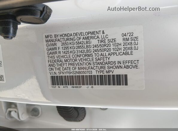 5FNYF6H32NB050703 2022 HONDA PILOT White Вид підкапотного простору