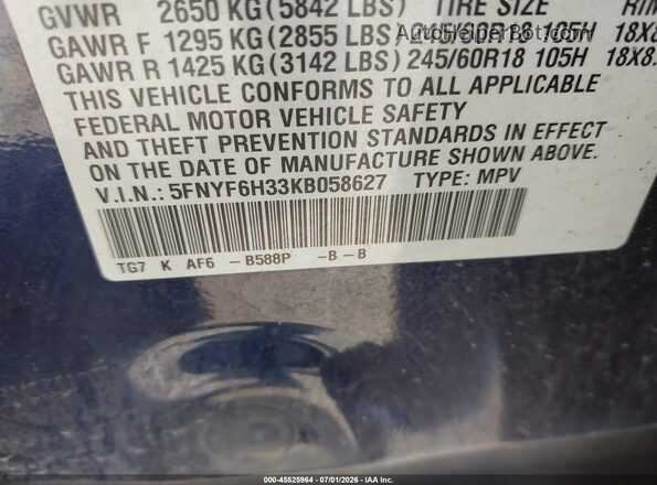 5FNYF6H33KB058627 2019 HONDA PILOT Blue Vista del compartimento del motor