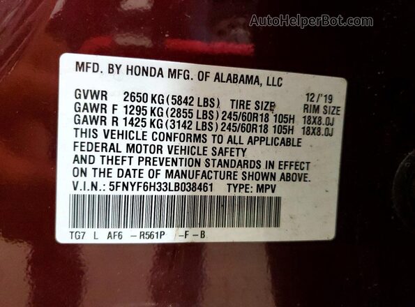 5FNYF6H33LB038461 2020 HONDA PILOT Maroon Vista de la etiqueta del VIN