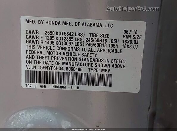 5FNYF6H34JB060496 2018 HONDA PILOT Серебряный Вид подкапотного пространства