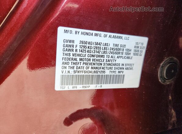 5FNYF6H34LB021295 2020 HONDA PILOT Red VIN sticker view