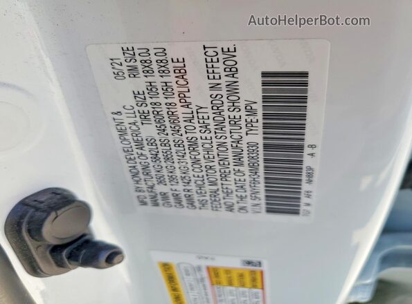 5FNYF6H34MB083930 2021 HONDA PILOT White VIN კოდის სტიკერის ხედი