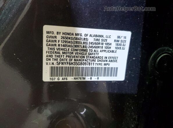 5FNYF6H35GB097811 2016 HONDA PILOT Gray Սալոնի 360 աստիճան տեսք