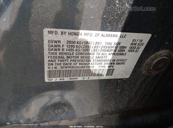 5FNYF6H35JB013316 2018 HONDA PILOT Blue ძრავის განყოფილების ხედი