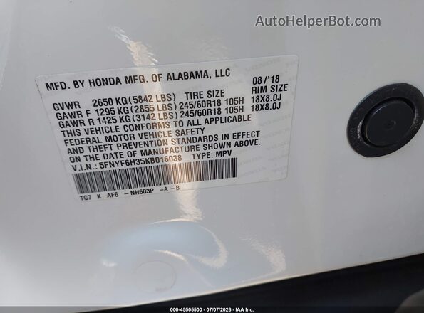 5FNYF6H35KB016038 2019 HONDA PILOT White Vista del compartimento del motor