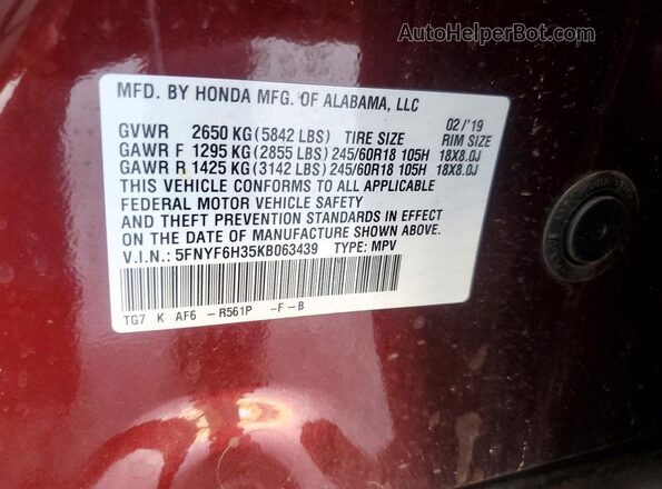 5FNYF6H35KB063439 2019 HONDA PILOT Red Вид наклейки з VIN-кодом